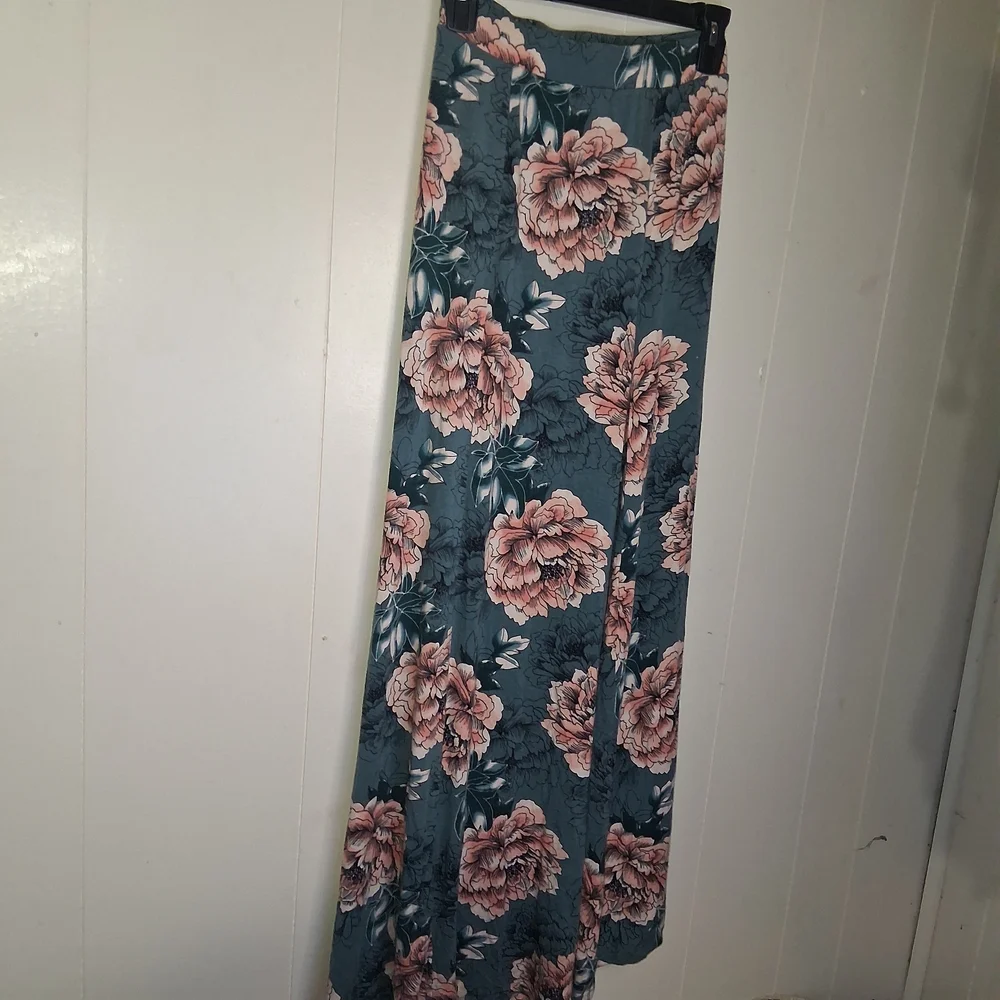 Floral Maxi Skirt in Teal with Blush Pink Blooms - Picture 4 of 4